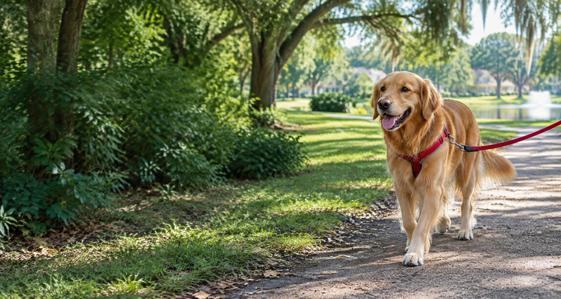 A happy golden retriever enjoying a neighborhood walk